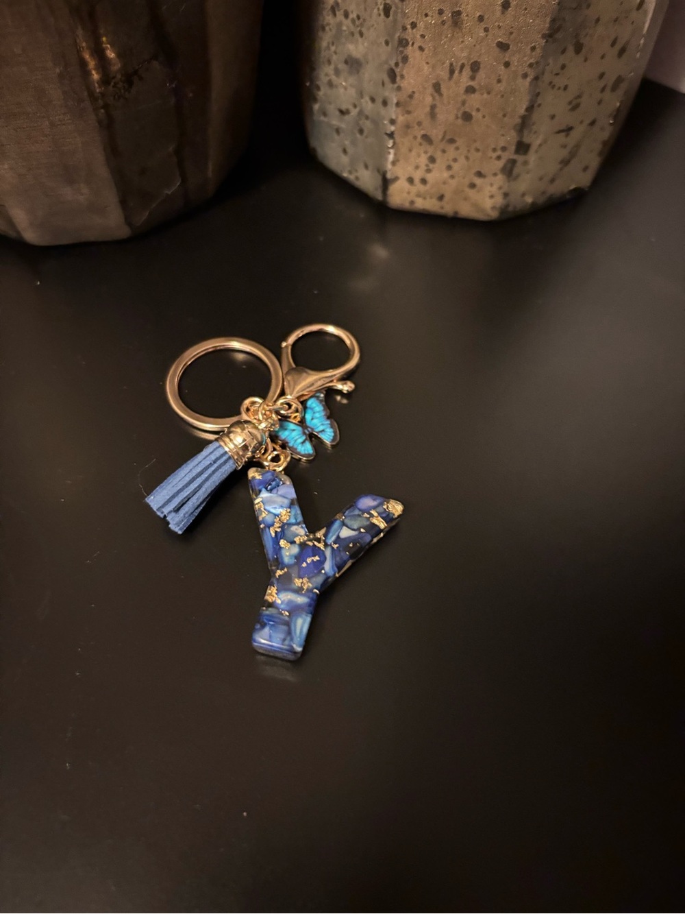 Handmade Blue & Gold Resin Initial "Y” Keychain with Tassel & Butterfly Charm🦋